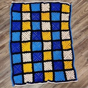 Handmade Crochet Block Blue Granny Square Afghan Throw Blanket Black Gold